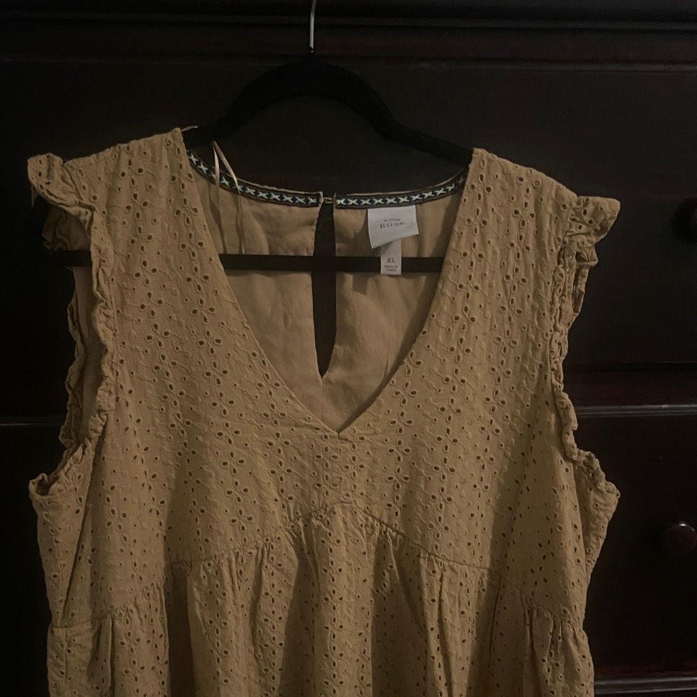 #53 Universal Thread Tan Eyelet Ruffle Dress - Picture 2 of 4